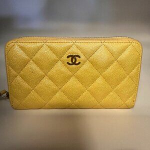 Chanel Yellow Iridescent Quilted Caviar Mini Zip Wallet